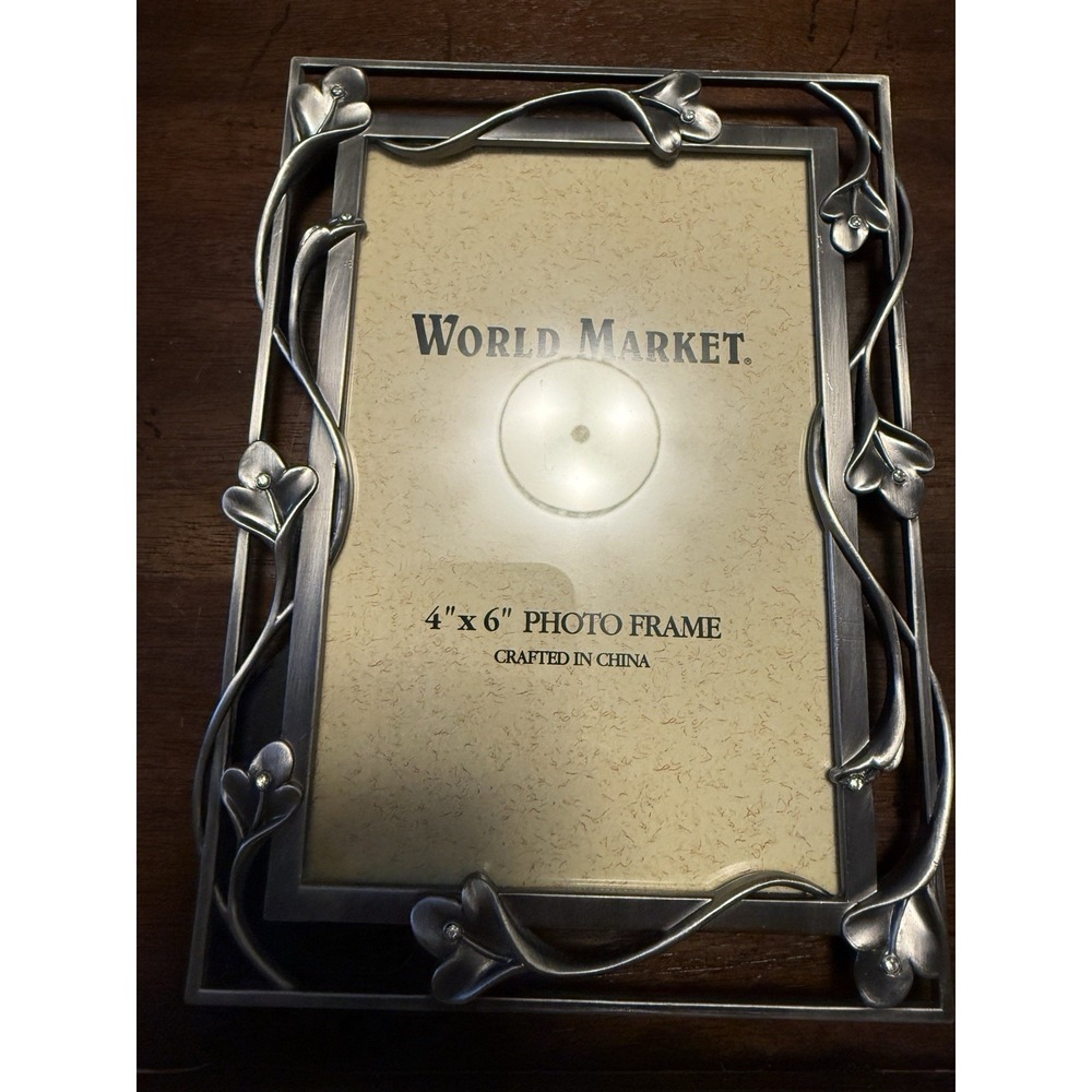 World Market Silver 4x6 Photo Frame Floral Vines Crystal Like Accents READ DESC